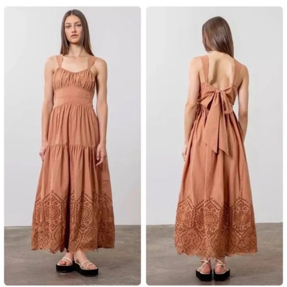 Anthropologie Joie Brown Cotton Eyelet Cutout Back Midi Dress Size S